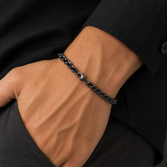 Black Round Wheat Stainless Steel Bracelet For Men (8.5 Inch)