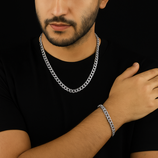 Silver Stainless Steel Curb Chain & Bracelet Combo For Men