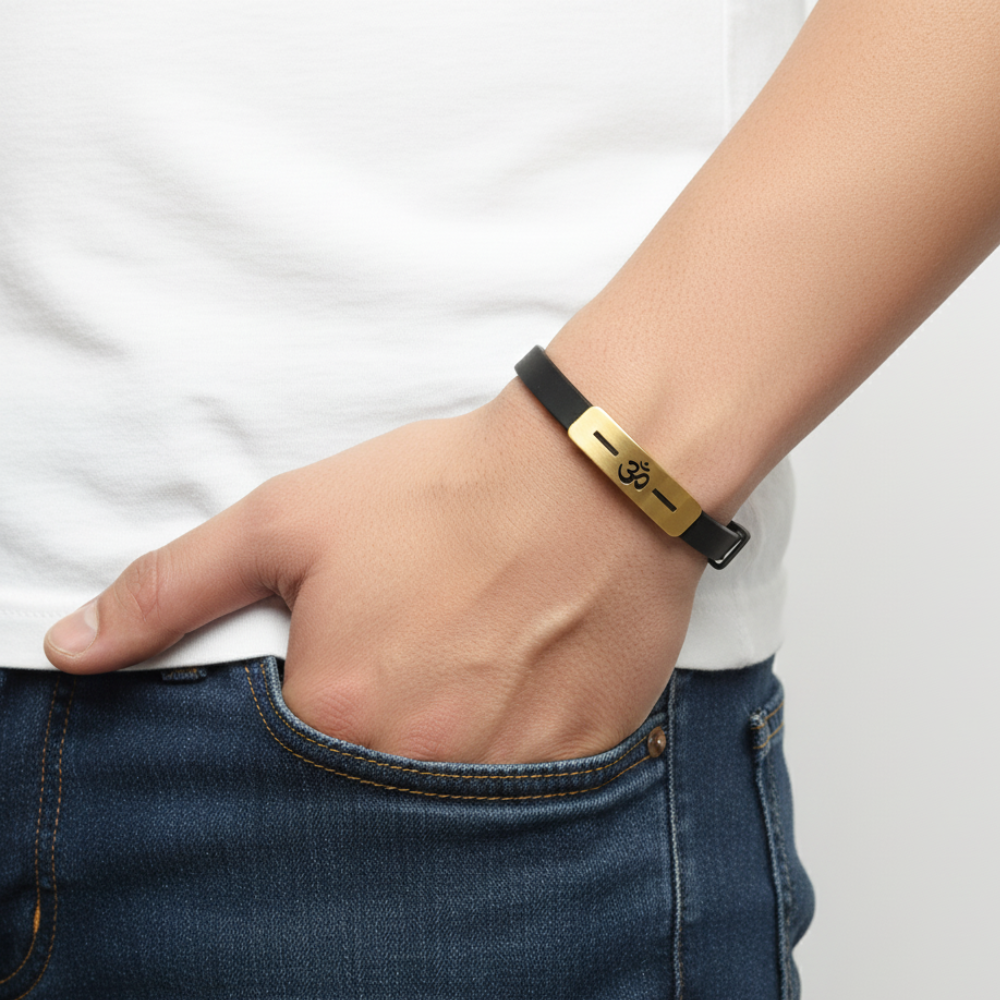 Om Black line Silicon Men's Gold Bracelet
