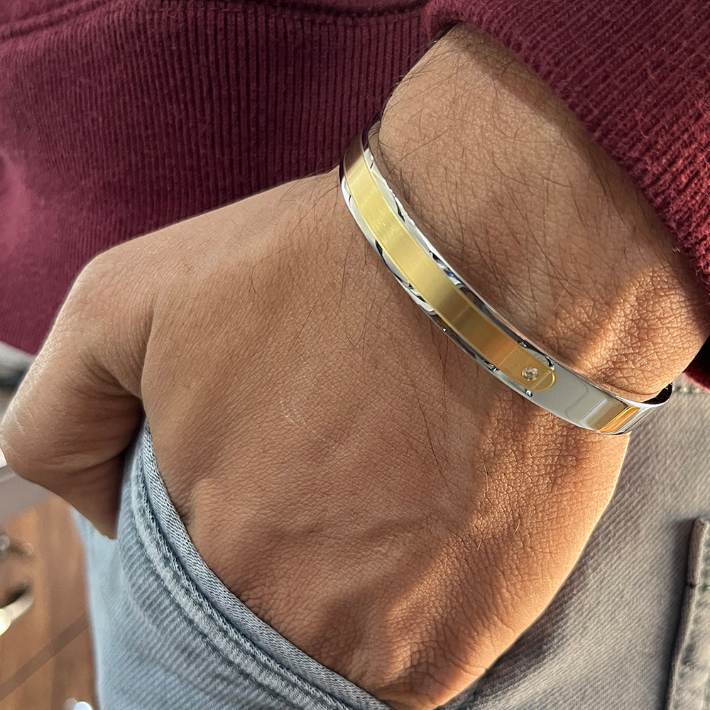 Single Diamond Silver and Gold Men's Bracelet