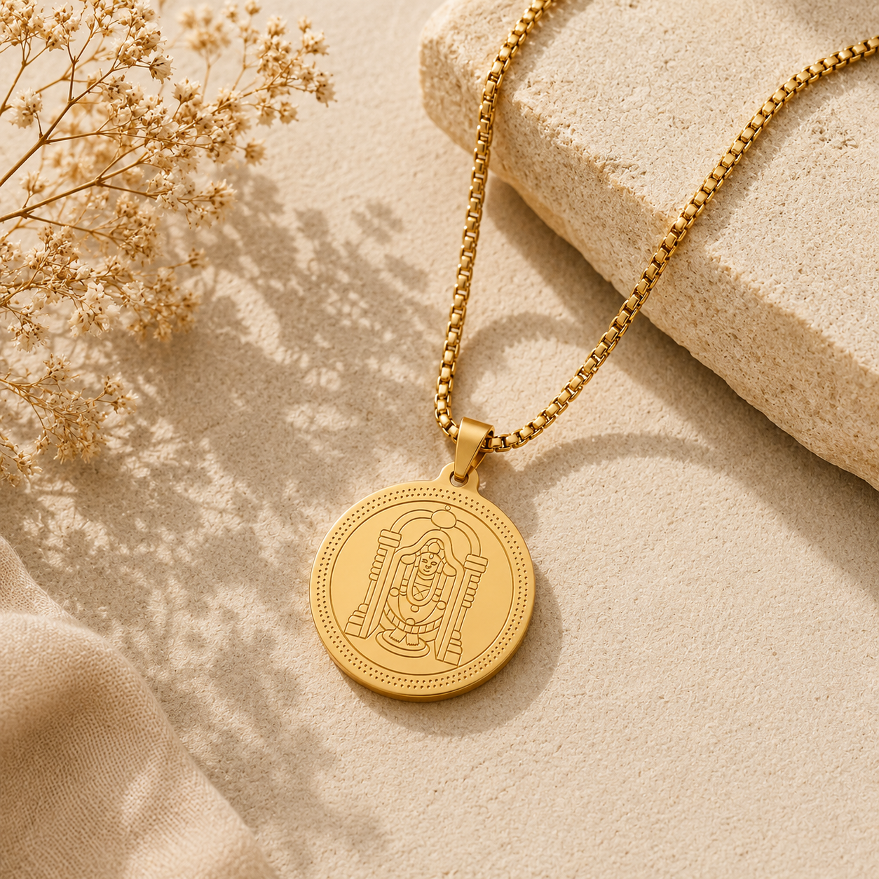 Divine Tirupati Balaji Pendant Gold Stainless Steel Necklace Chain For Men (24 Inch)