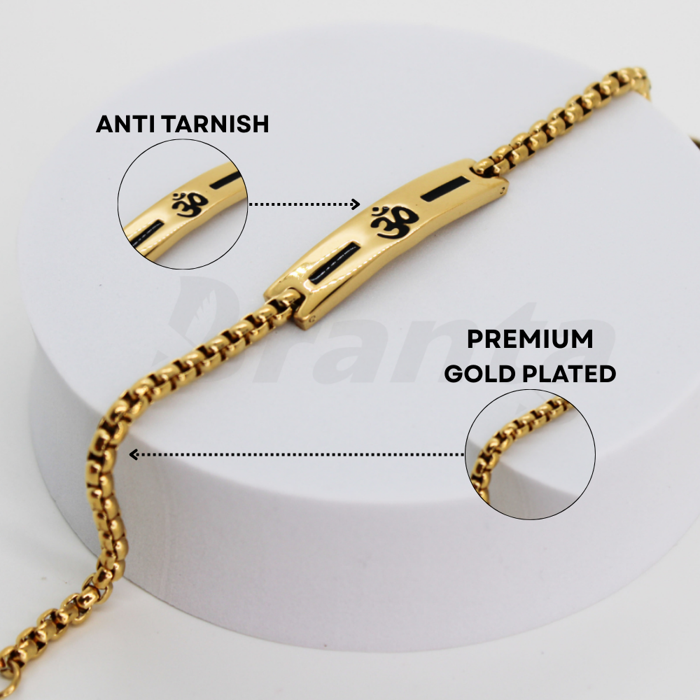 Premium Om Loose Gold Bracelet For Men With Black Line Pattern (8 Inch)