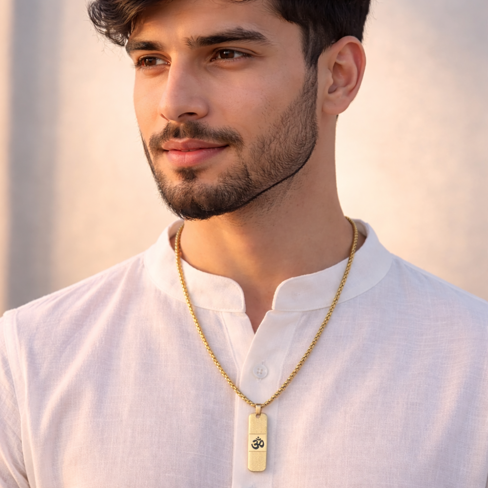 Om Pendant Dotted Design Gold Chain For Men (24 Inch)