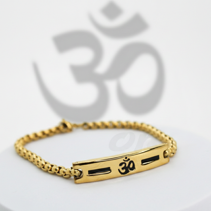 Premium Om Loose Gold Bracelet For Men With Black Line Pattern (8 Inch)