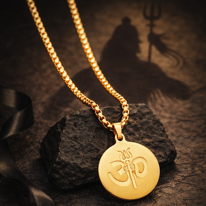 Om Trishul Pendant Gold Stainless Steel Necklace Chain For Men (24 Inch)