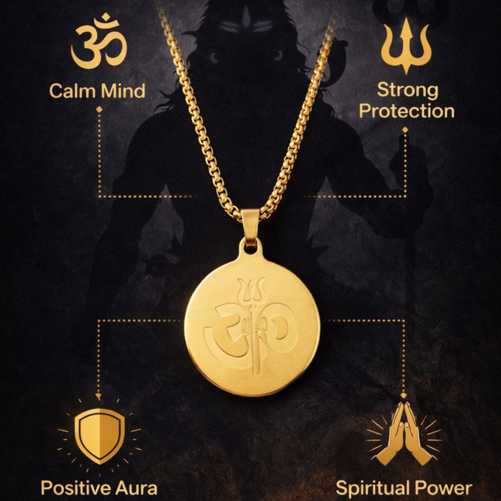 Om Trishul Pendant Gold Stainless Steel Necklace Chain For Men (24 Inch)