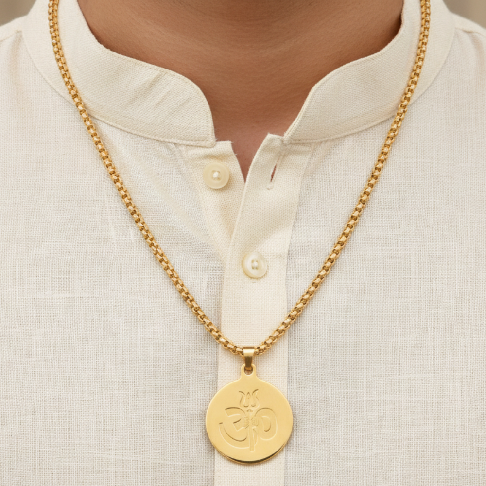 Om Trishul Pendant Gold Stainless Steel Necklace Chain For Men (24 Inch)