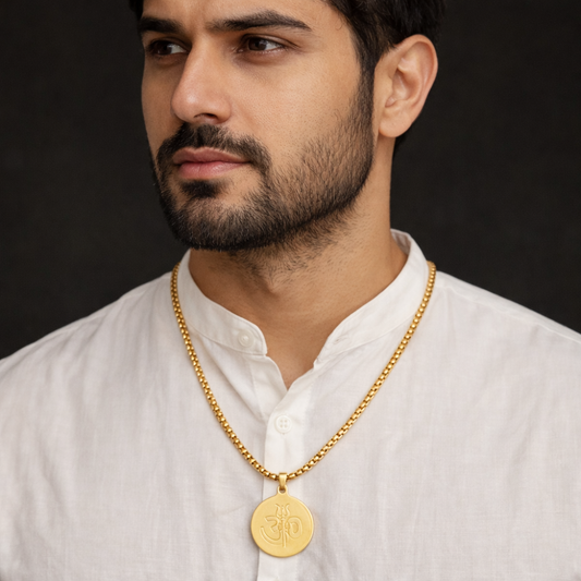 Om Trishul Pendant Gold Stainless Steel Necklace Chain For Men (24 Inch)