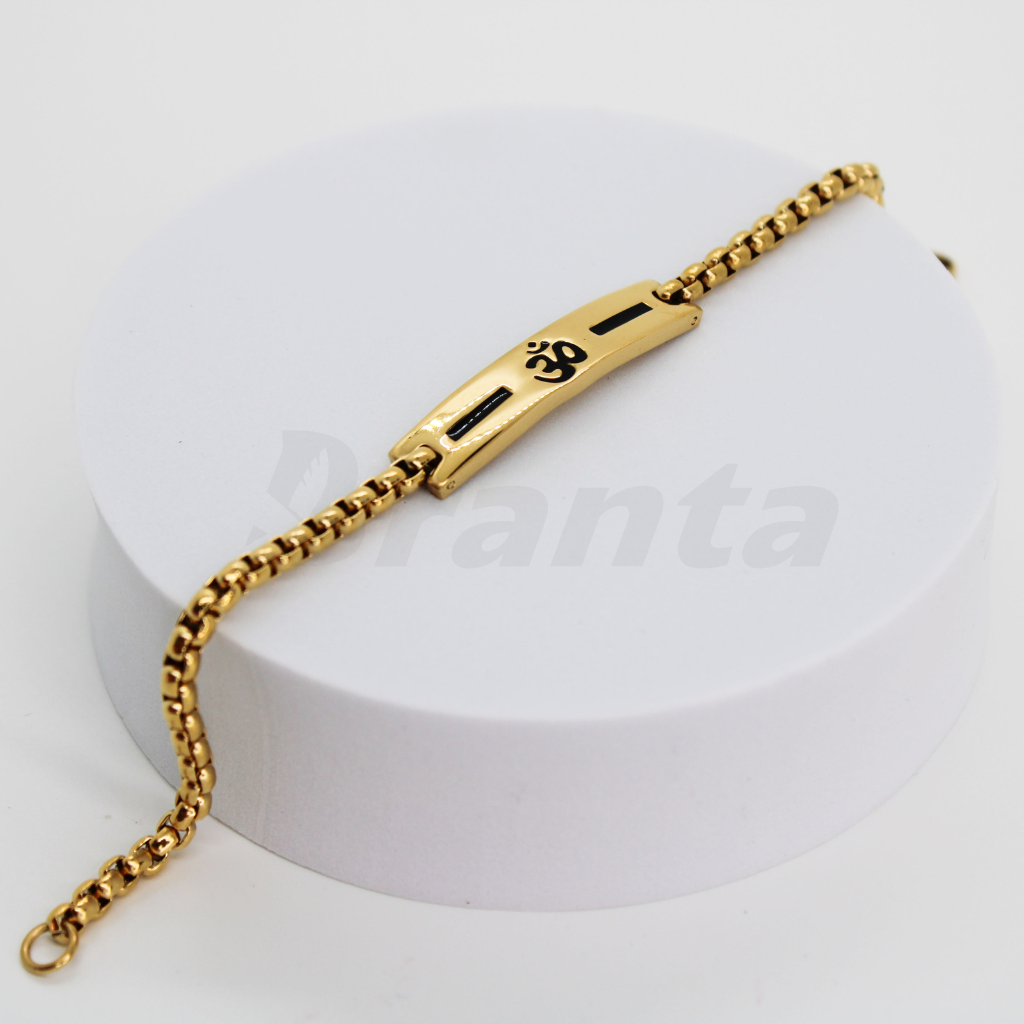 Premium Om Loose Gold Bracelet For Men With Black Line Pattern (8 Inch)