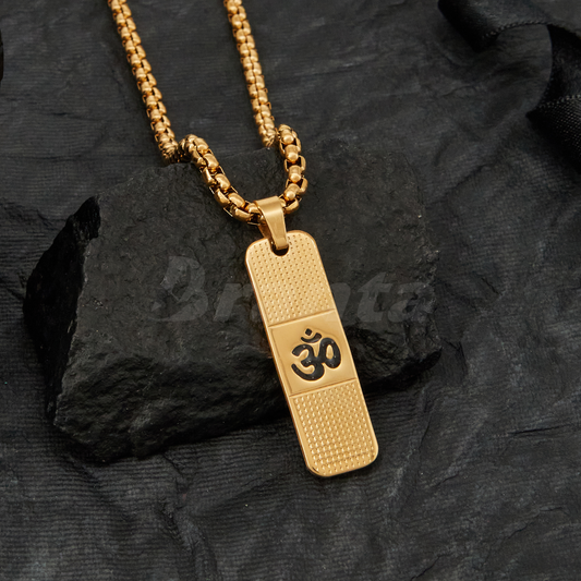 Om Pendant With Dotted Pattern Gold Stainless Steel Necklace Chain For Men (24 Inch)