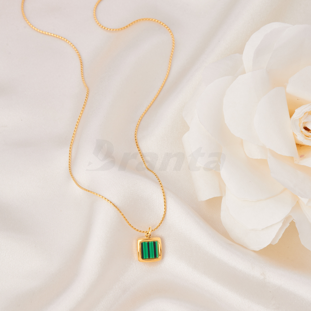 Gold Malachite Green Square Charm Pendant Necklace