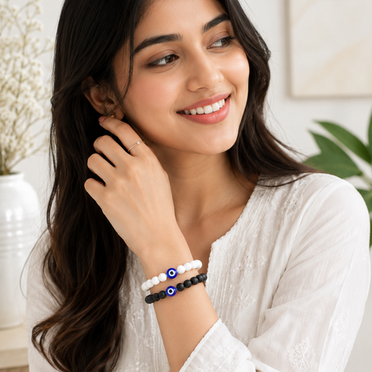 Black & White Evil Eye Protective Stone Bracelets For Women