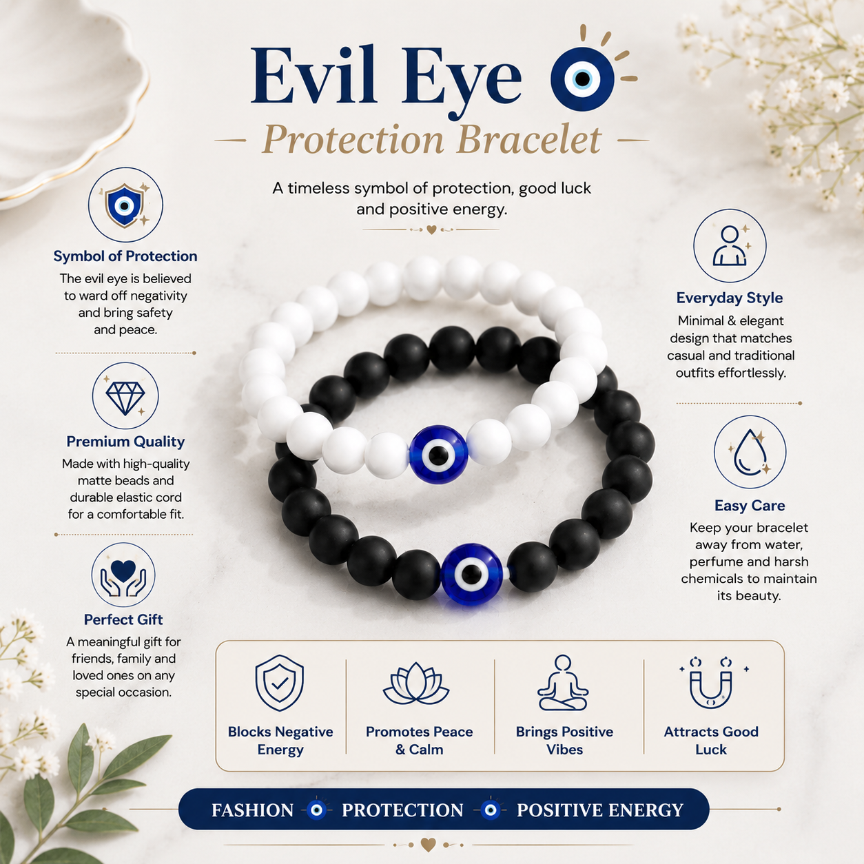 Black & White Evil Eye Protective Stone Bracelets For Women