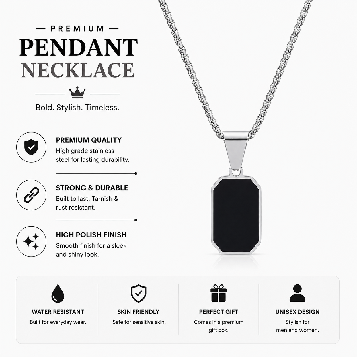 Classic Black Onyx Pendant Necklace – Stainless Steel Box Chain