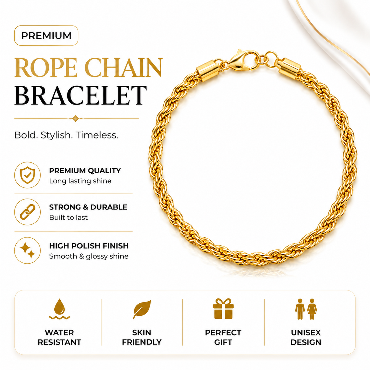 Rope Chain Bracelet in Gold Plated  (8 Inch)