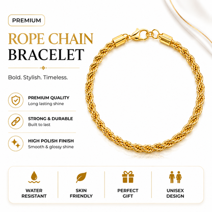Rope Chain Bracelet in Gold Plated  (8 Inch)
