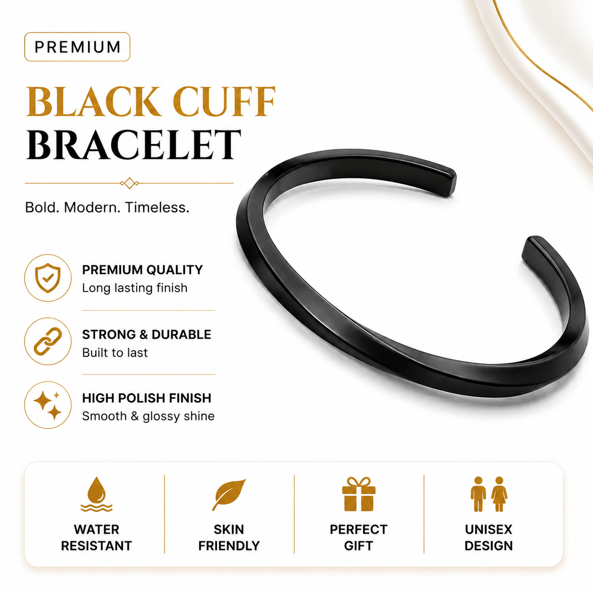 Black Stainless Steel Solid Twisted Cuff Bracelet For Men