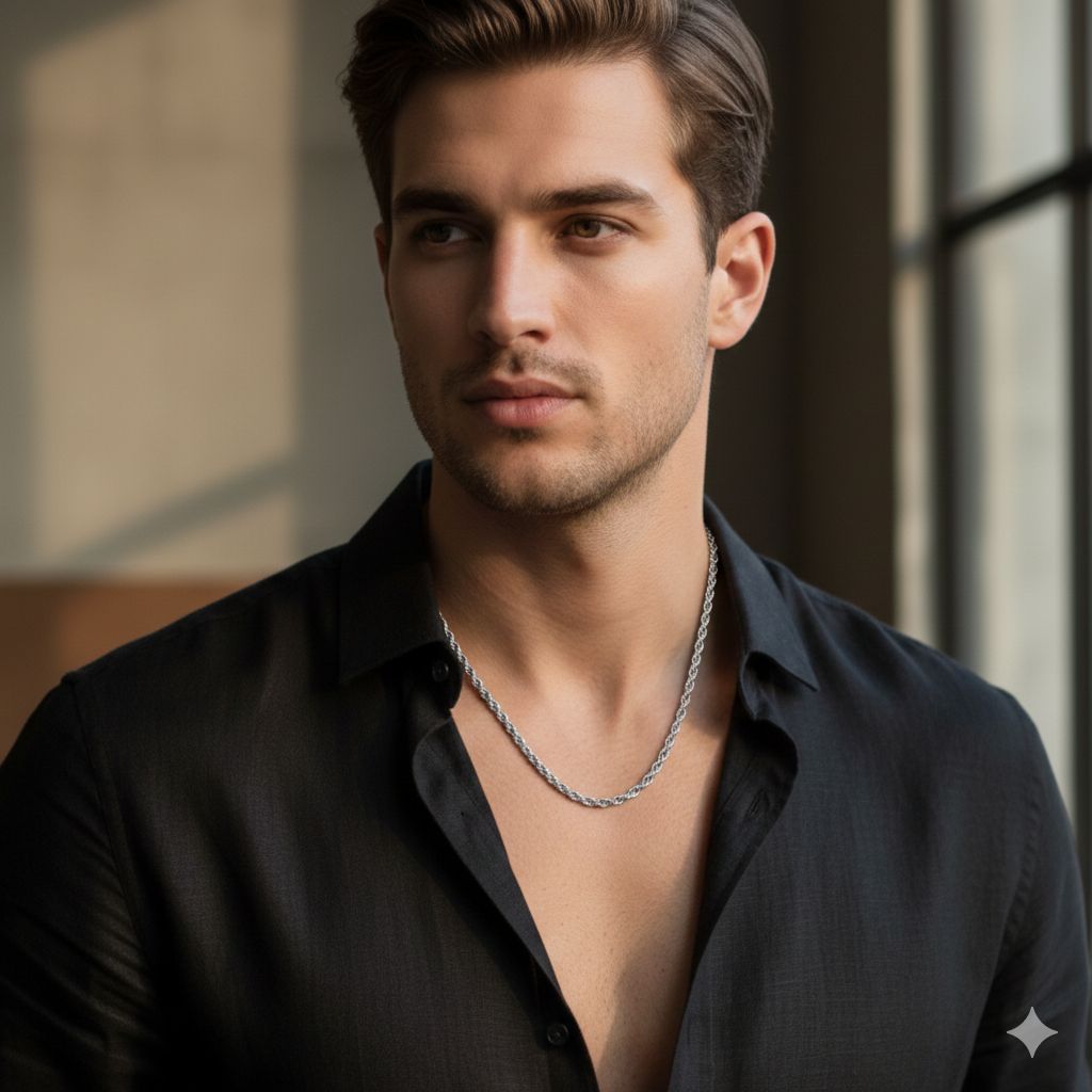 Silver Stainless Steel Rope Chain For Men ( 21.5 Inch)