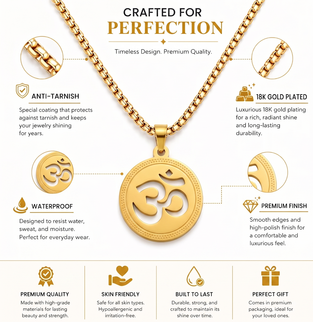 Gold Plated Detailed Cutwork Om Pendant Chain for Men | Aum Spiritual Necklace