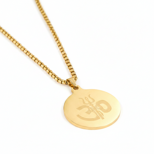 Om Trishul Pendant Gold Stainless Steel Necklace Chain For Men (24 Inch)