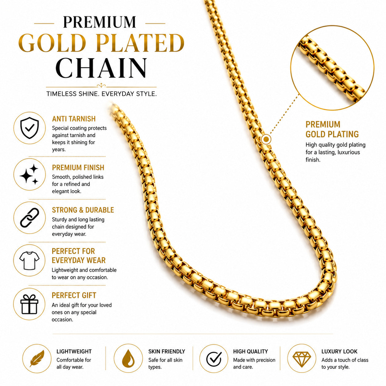 Gold Filled Box Chain Necklace For Men (21 Inch)