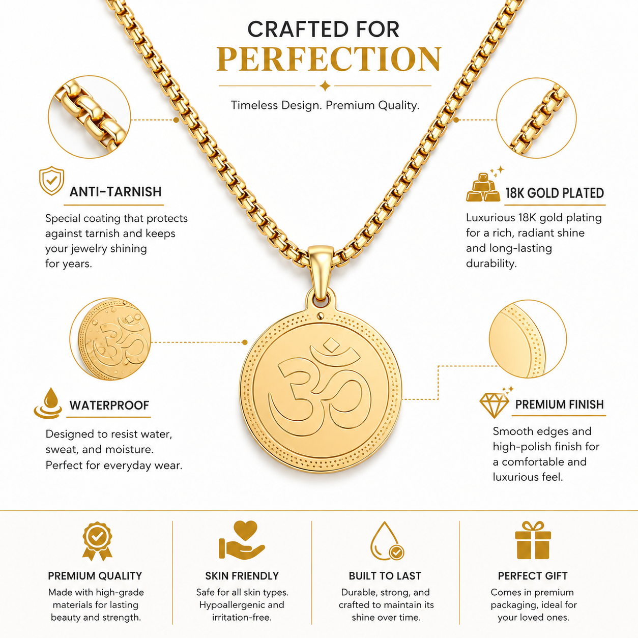 Om Pendant Gold Stainless Steel Necklace Chain For Men (24 Inch)