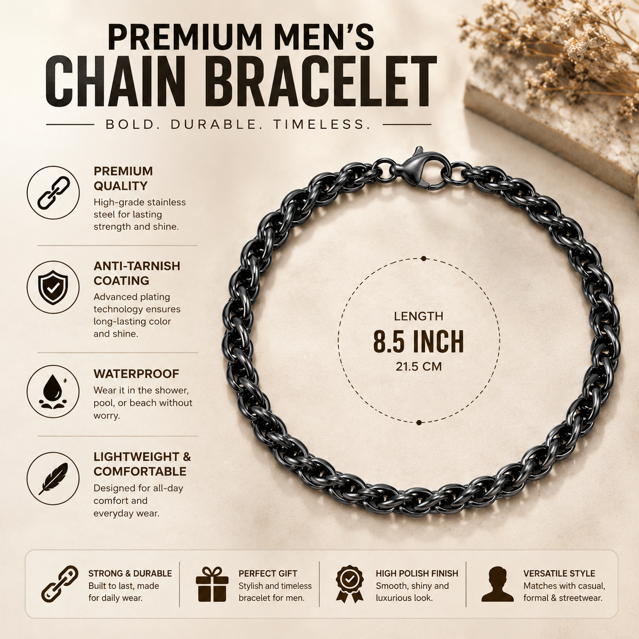 Black Round Wheat Stainless Steel Bracelet For Men (8.5 Inch)