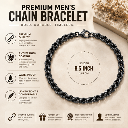 Black Round Wheat Stainless Steel Bracelet For Men (8.5 Inch)