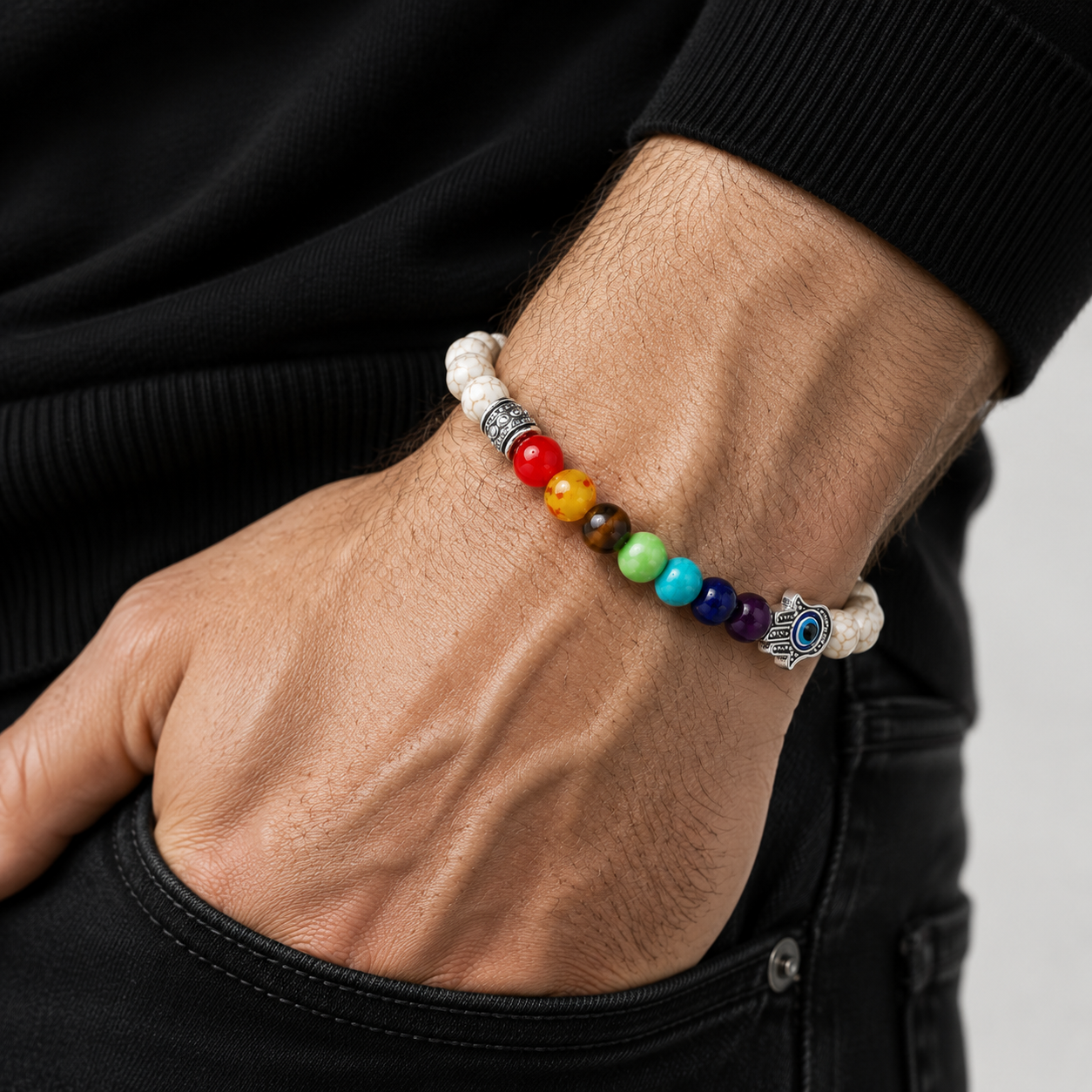 7 Chakra + Howlite White + Silver Hamsa Hand Evil Eye Bracelet For Men
