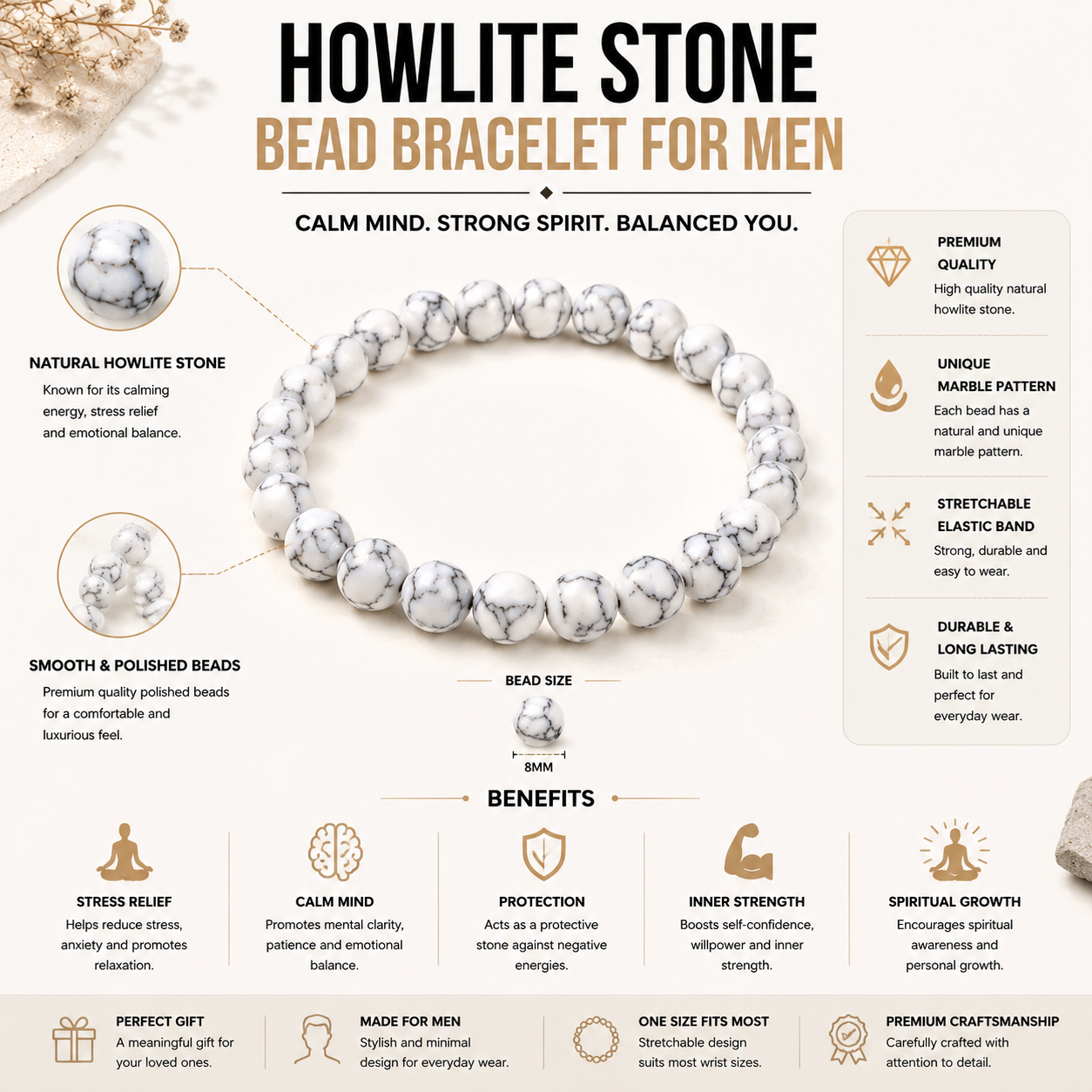 White Howlite Natural Crystals Bracelet For Men