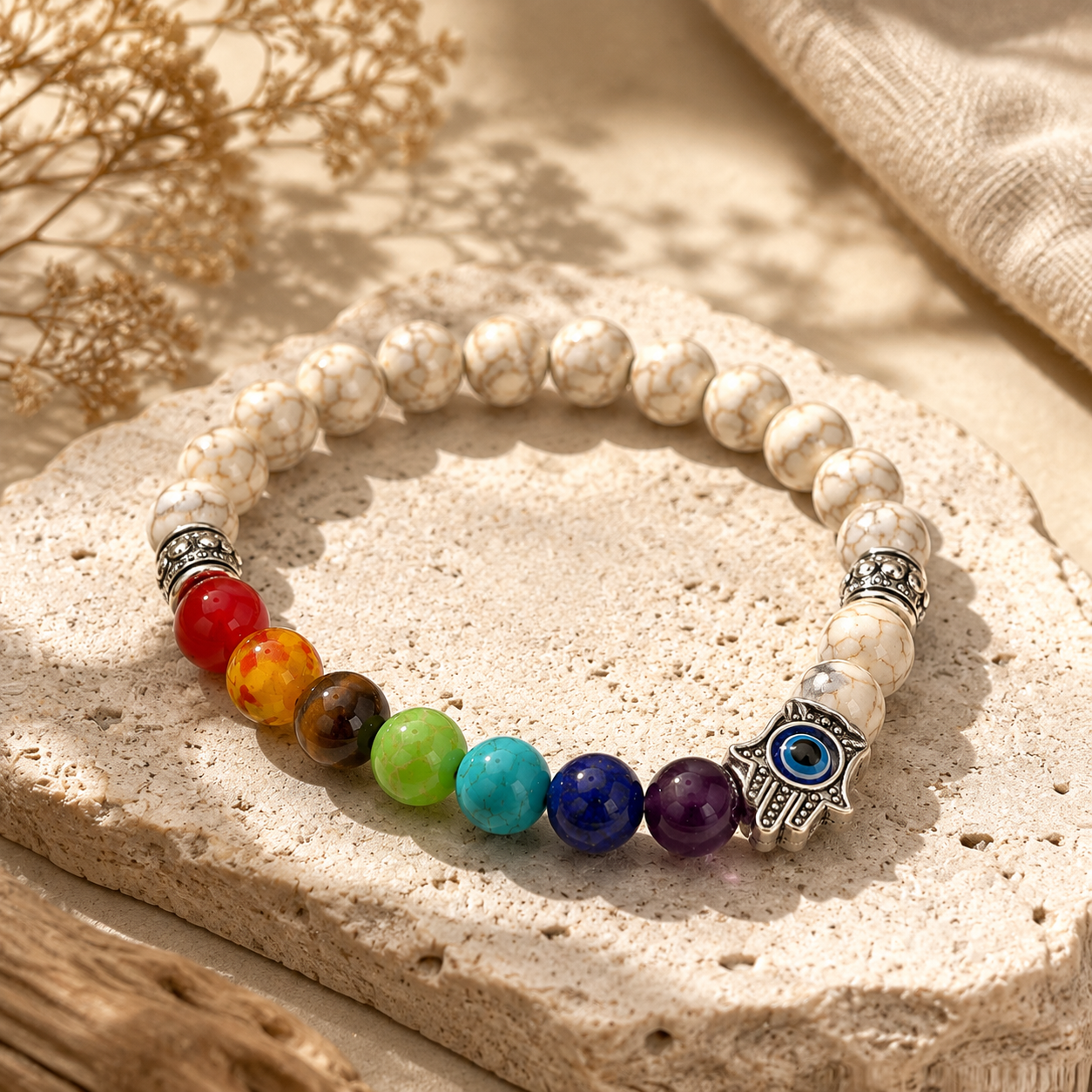 7 Chakra + Howlite White + Silver Hamsa Hand Evil Eye Bracelet For Men