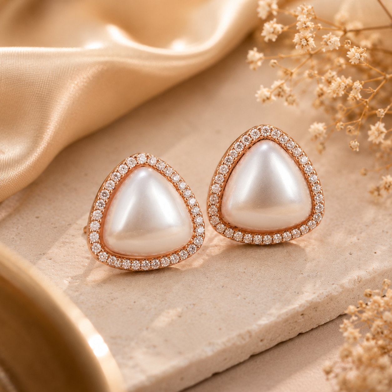 Triangle Pearl Diamond Earrings
