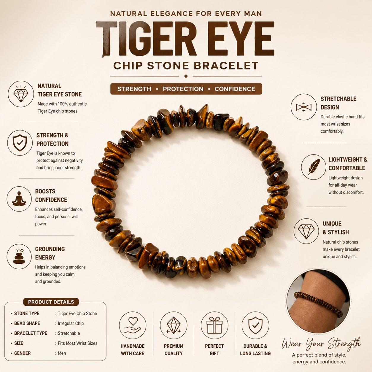 Tiger Eye Chips Crystals Bracelet For Men