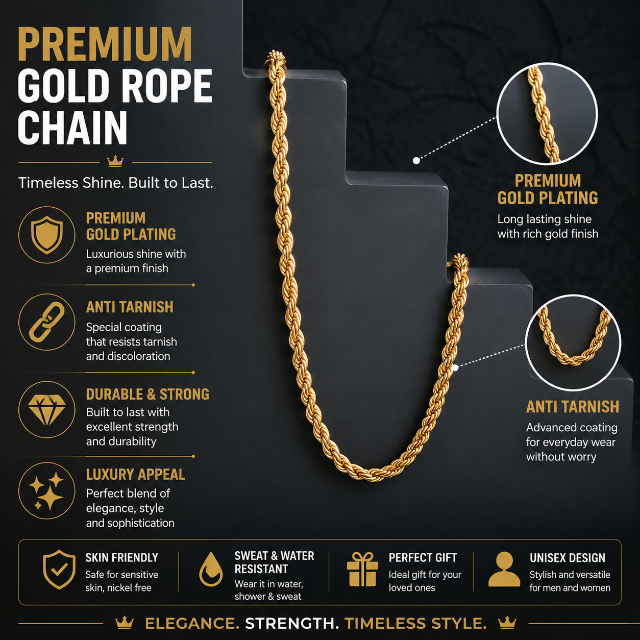 Gold Plated Rope Chain For Men (21.5 Inch)