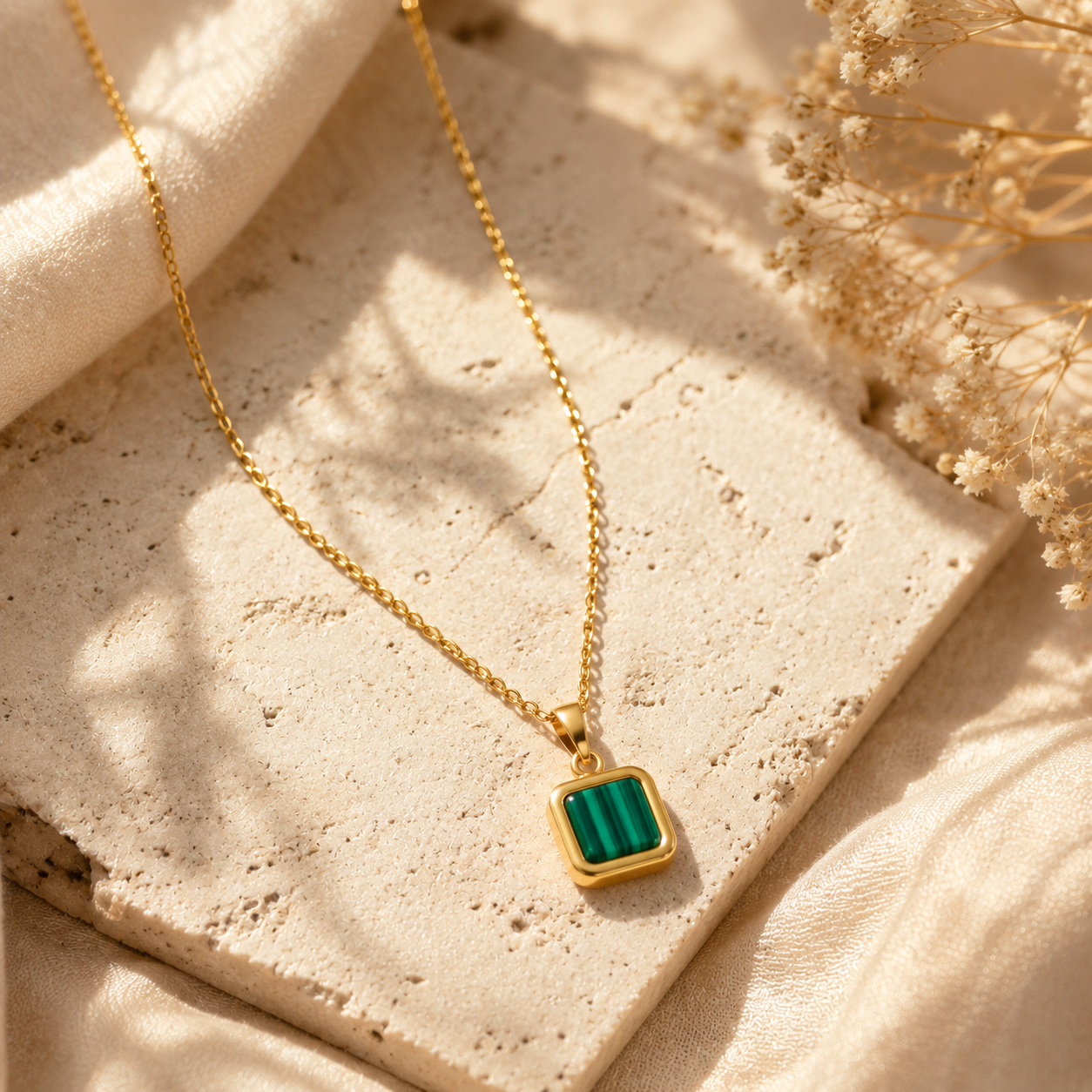 Gold Malachite Green Square Charm Pendant Necklace