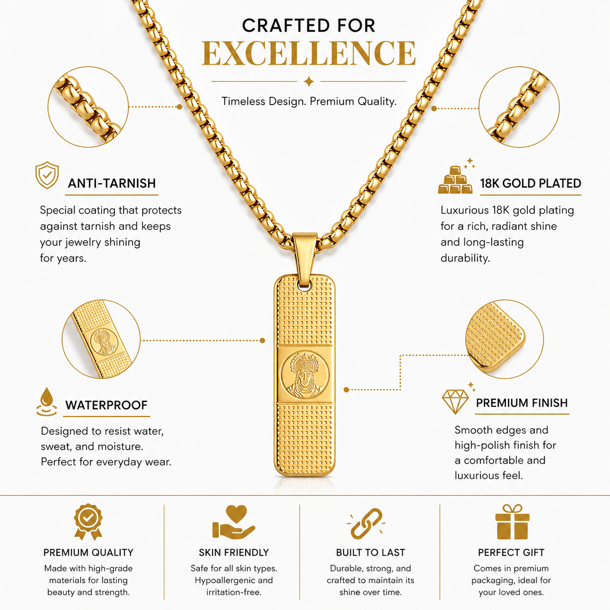 Hanuman Pendant With Dotted Pattern Gold Stainless Steel Necklace Chain For Men (24 Inch)