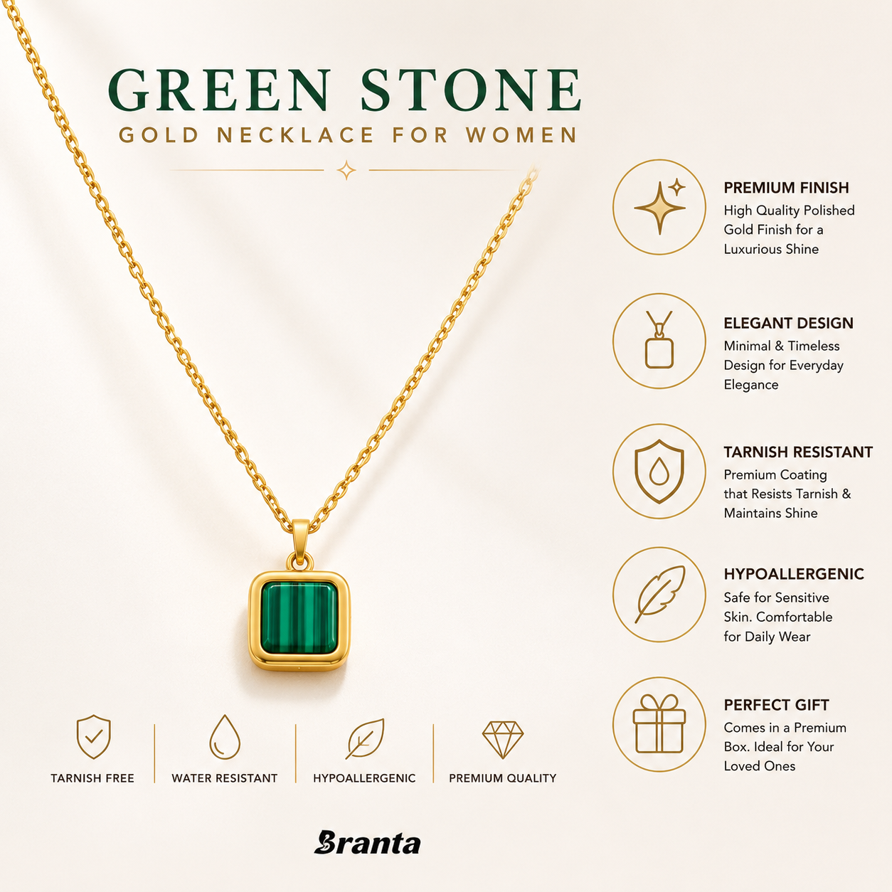 Gold Malachite Green Square Charm Pendant Necklace