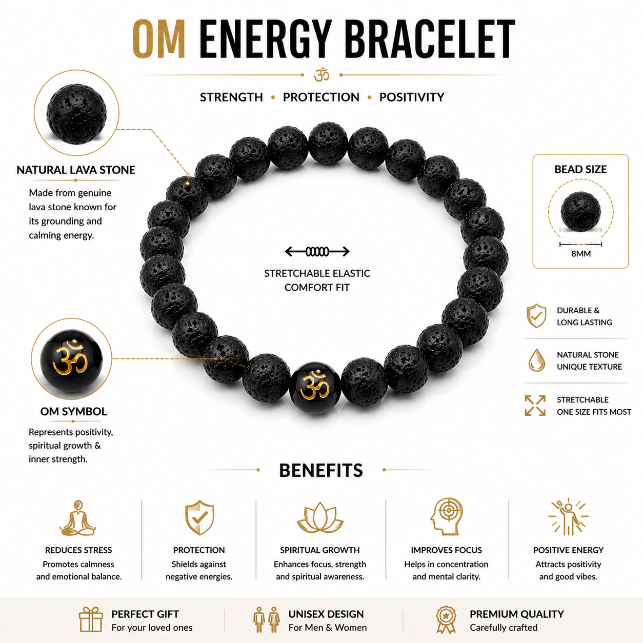 Om Symbol Lava Stone Bracelet For men