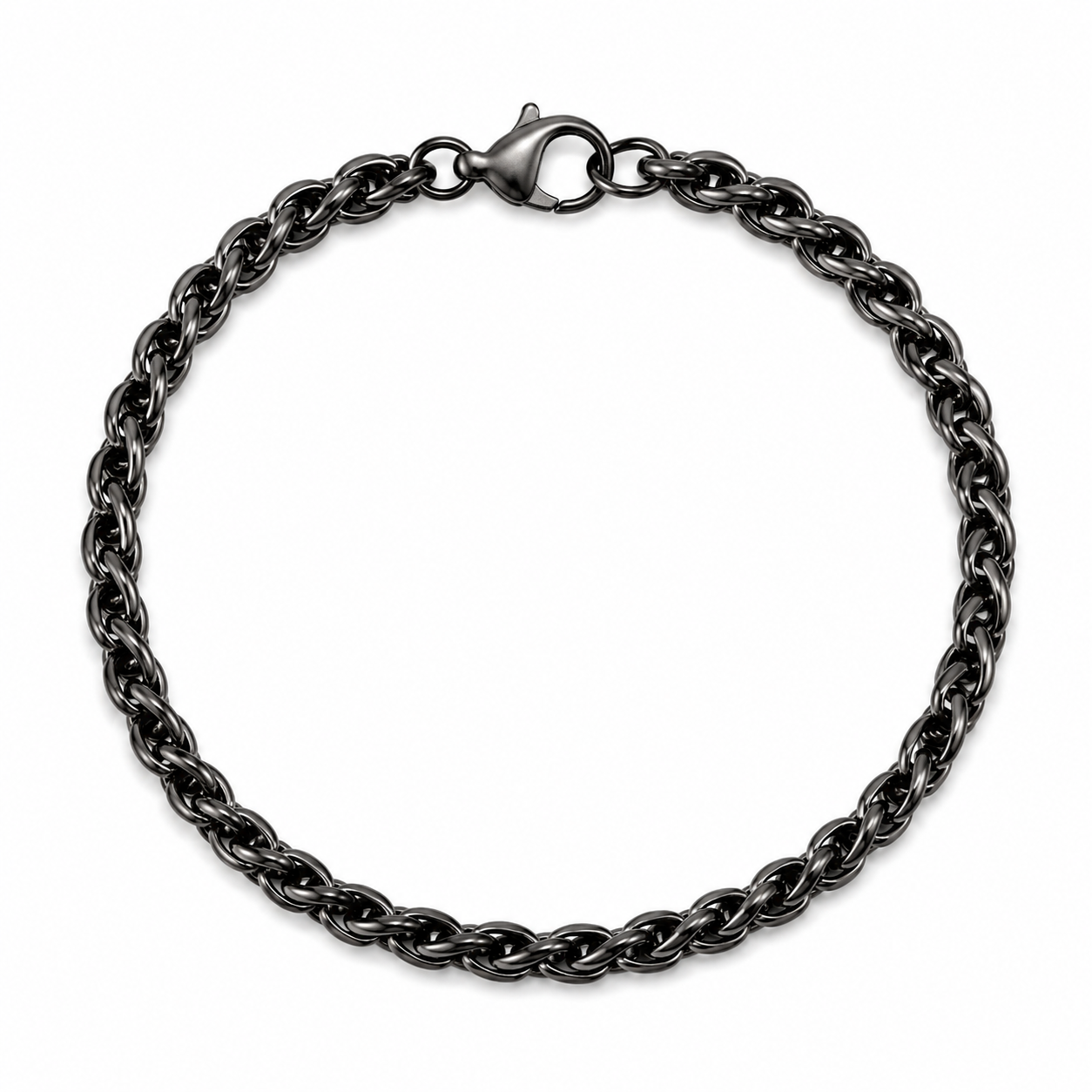 Black Round Wheat Stainless Steel Bracelet For Men (8.5 Inch)