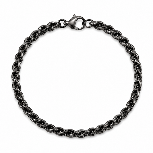 Black Round Wheat Stainless Steel Bracelet For Men (8.5 Inch)