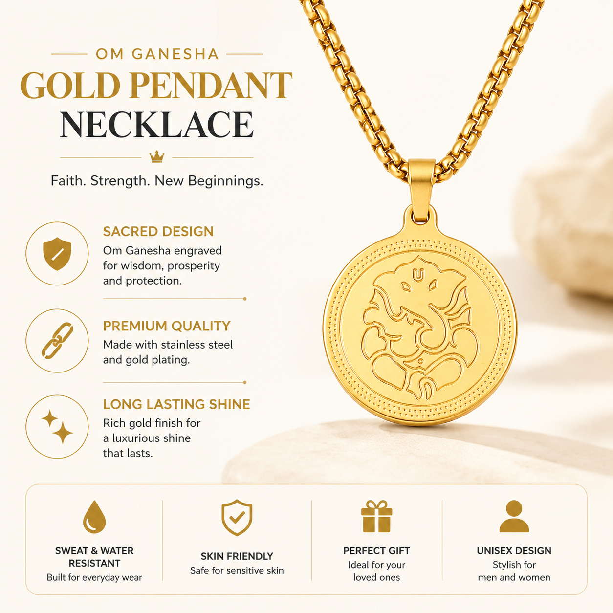 Ganesha's Blessing Pendant Gold Stainless Steel Necklace Chain For Men (24 Inch)