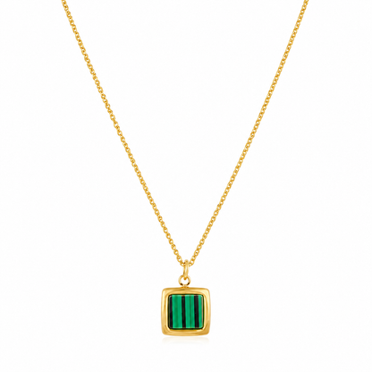 Gold Malachite Green Square Charm Pendant Necklace