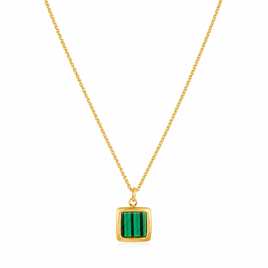 Gold Malachite Green Square Charm Pendant Necklace