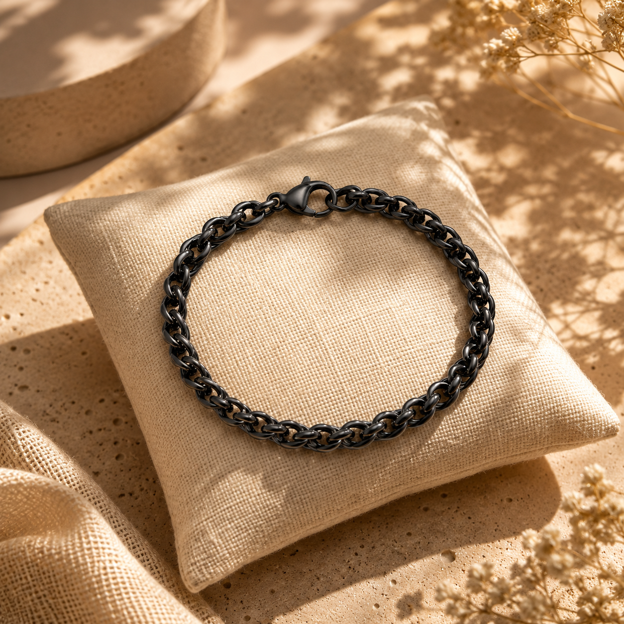Black Round Wheat Stainless Steel Bracelet For Men (8.5 Inch)