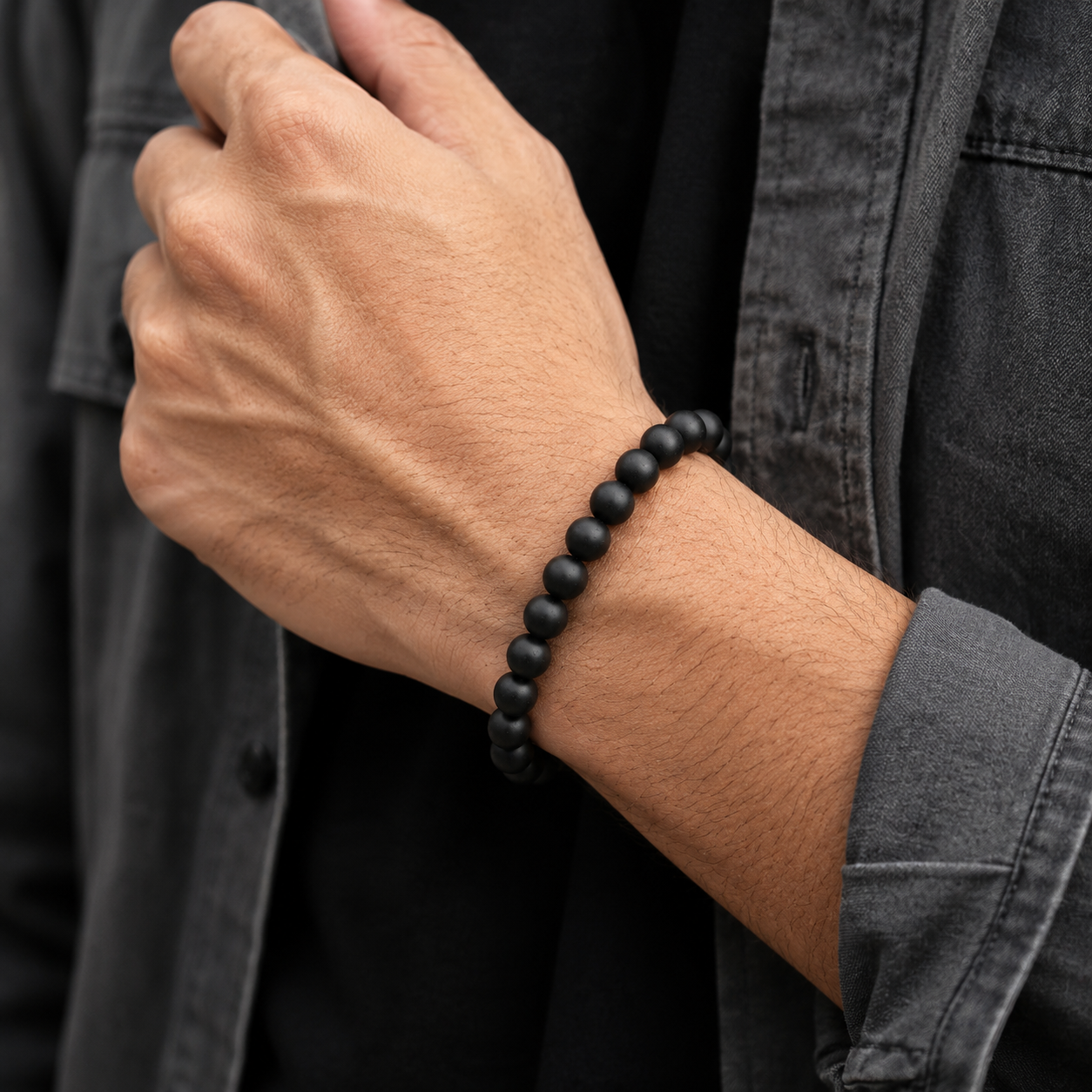 Matte Black Natural Crystals Bracelet For Men