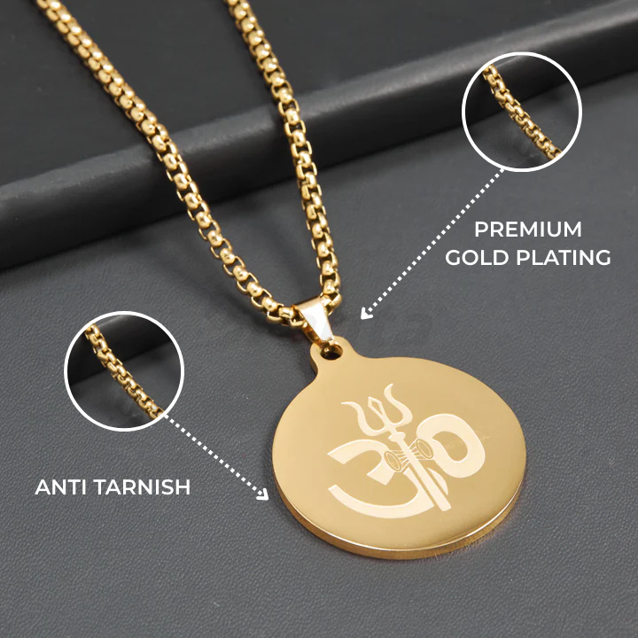 Om Trishul Pendant Gold Stainless Steel Necklace Chain For Men (24 Inch)