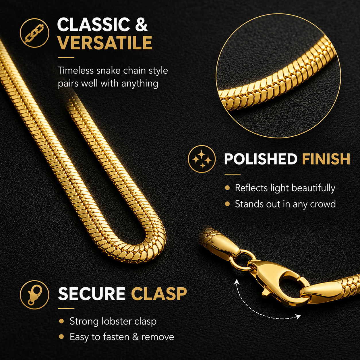 Gold Plated Snake Chain For Men (21.5 Inch)