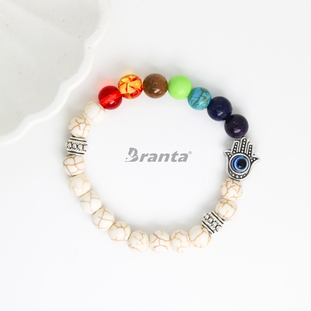 7 Chakra + Howlite White + Silver Hamsa Hand Evil Eye Bracelet For Women