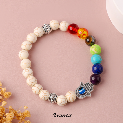 7 Chakra + Howlite White + Silver Hamsa Hand Evil Eye Bracelet For Men