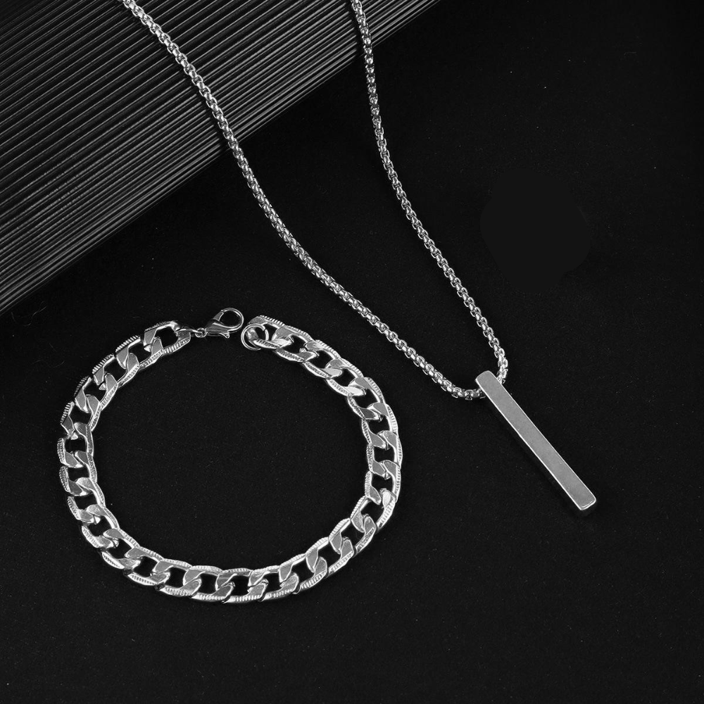 Classic Curb Link Bracelet & Bar Pendant Chain Combo For Men